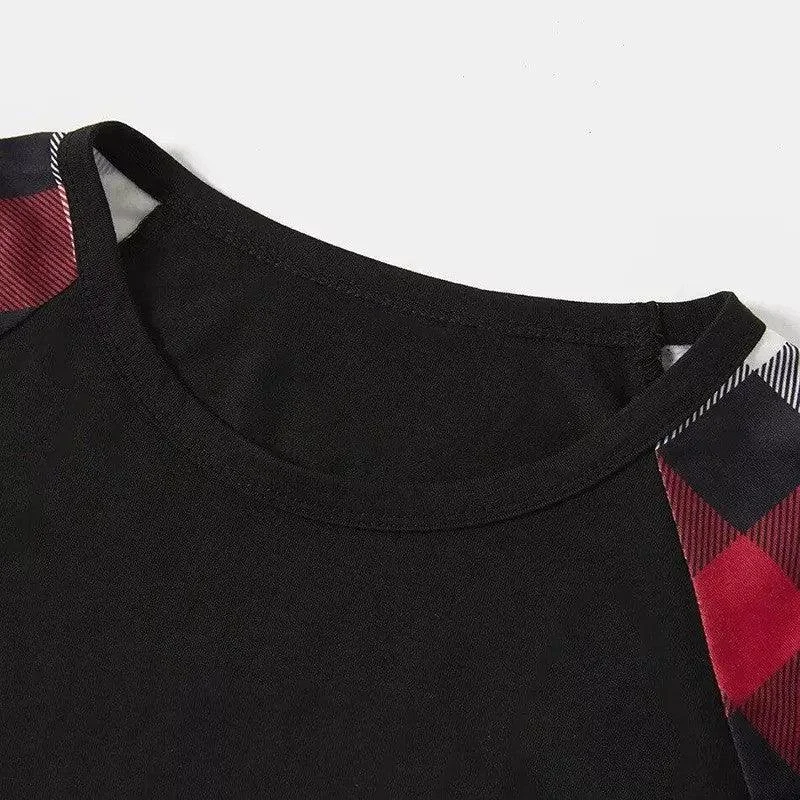 Christmas Tree & "Making Memories Together" Patterned Plaid Sleeve Contrast Tops and Red & Black & White Plaid Pants Family Matching Pajamas Set With Dog Bandana