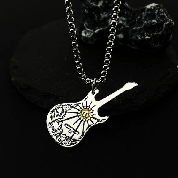 Sterling Silver Vintage Tanglewood Indian Pattern Guitar Pendant Necklace