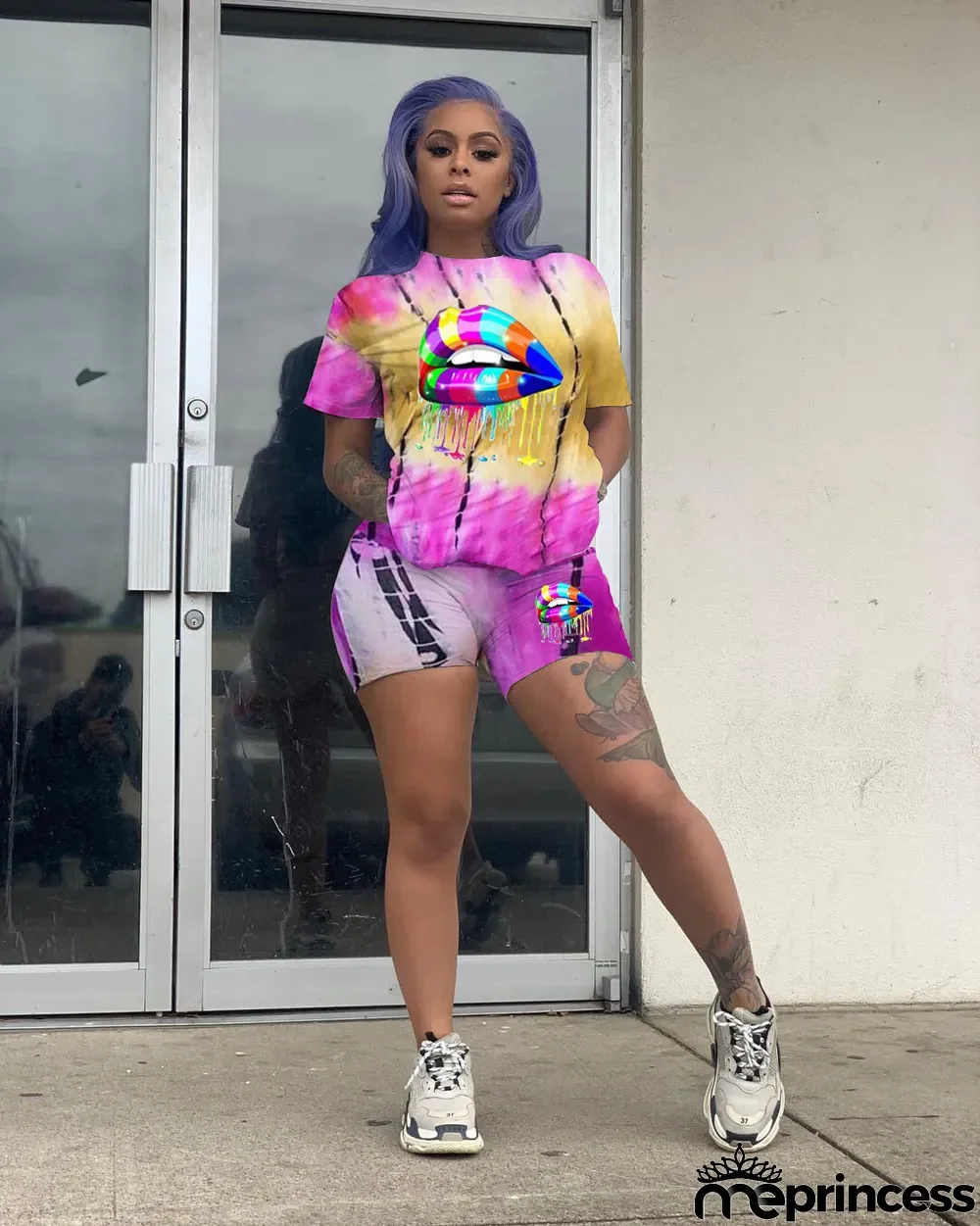 Plus Size Tie Dye Lips Print Two Piece Shorts Set