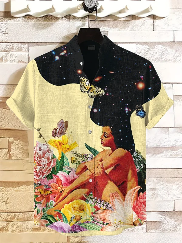 Men's Woman in Beautiful Flowers Retro Pinup Art Print Casual Shirt