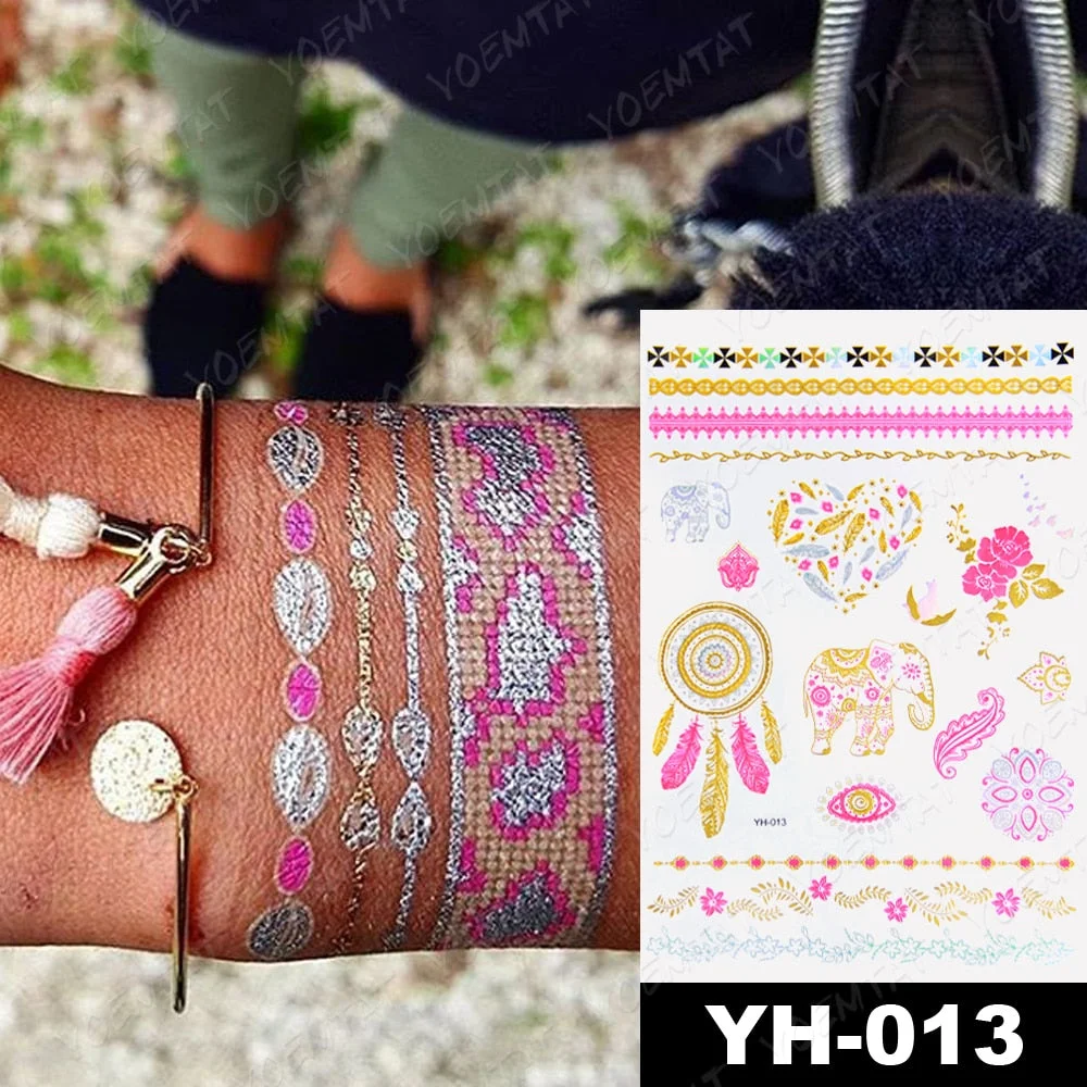 Waterproof Temporary Tattoo Sticker Gold Silver Henna Indian Hand Painted Glitter Tattoos Women Mandala Flower Feather Body Art