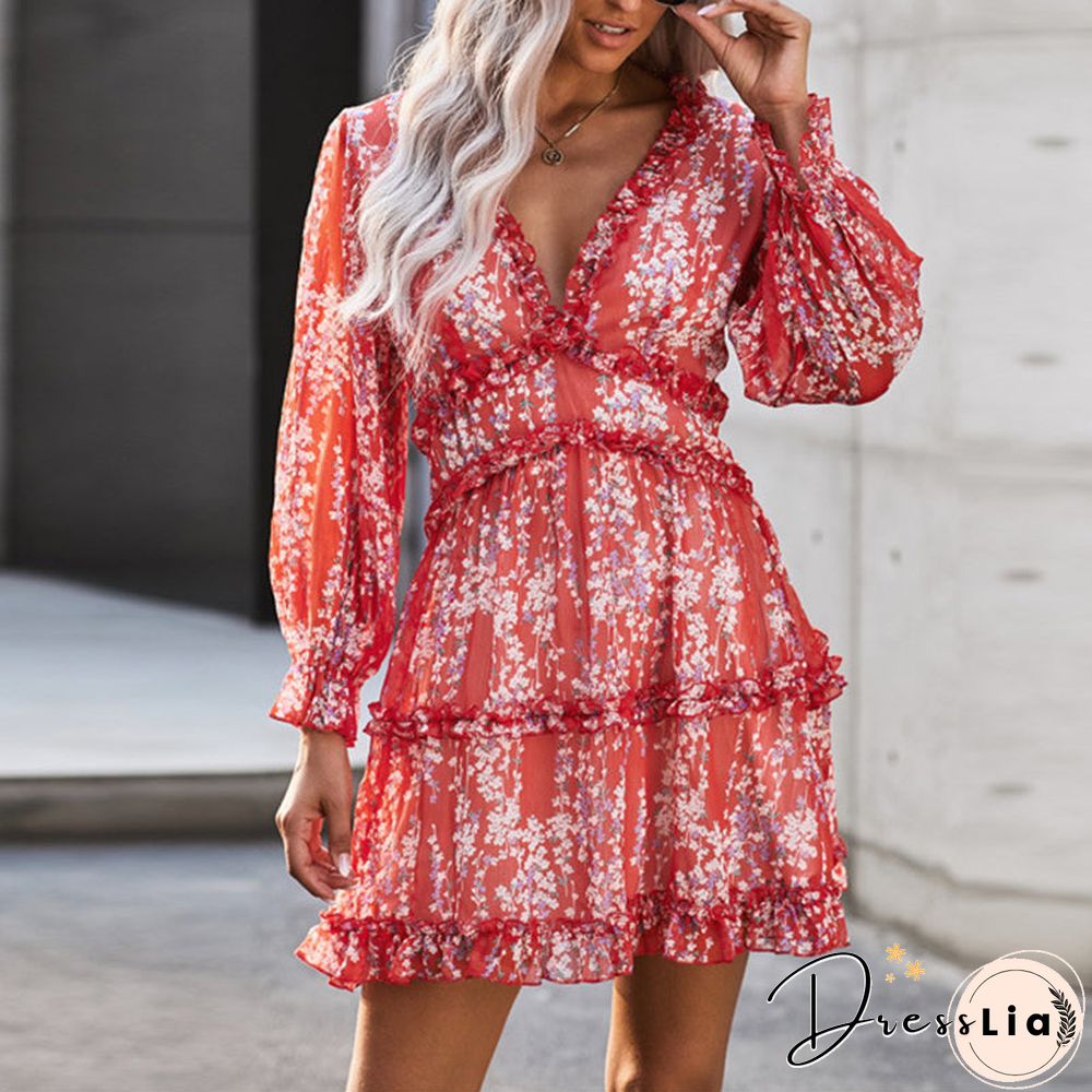 Ditsy Floral Prints Ruffle Edge Tiered Long Sleeve Boho Dress