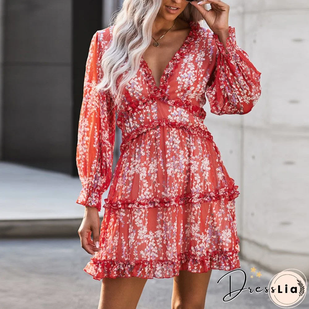 Ditsy Floral Prints Ruffle Edge Tiered Long Sleeve Boho Dress