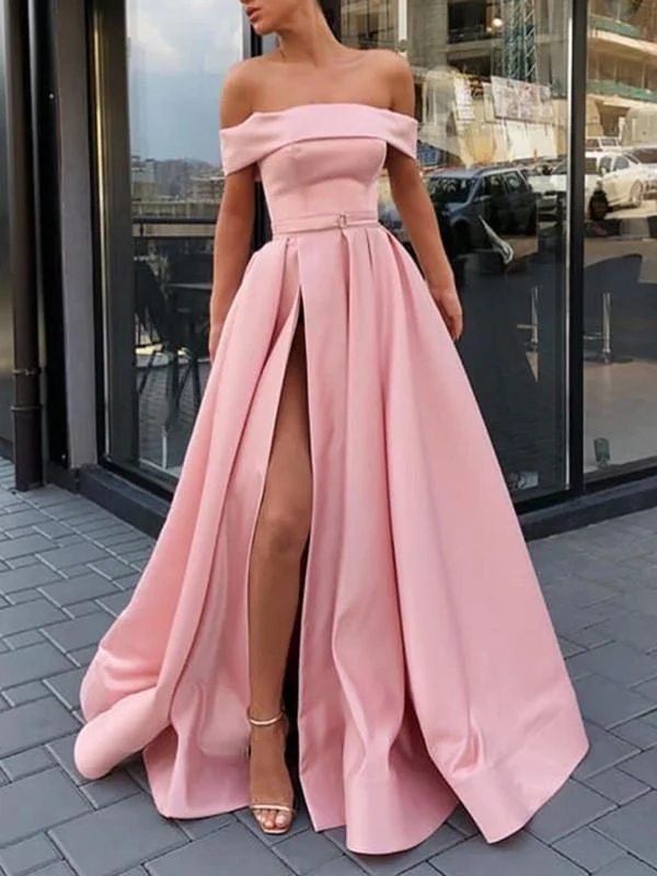 Off Shoulder Pink Satin Long Prom/Evening Dress with High Slit 