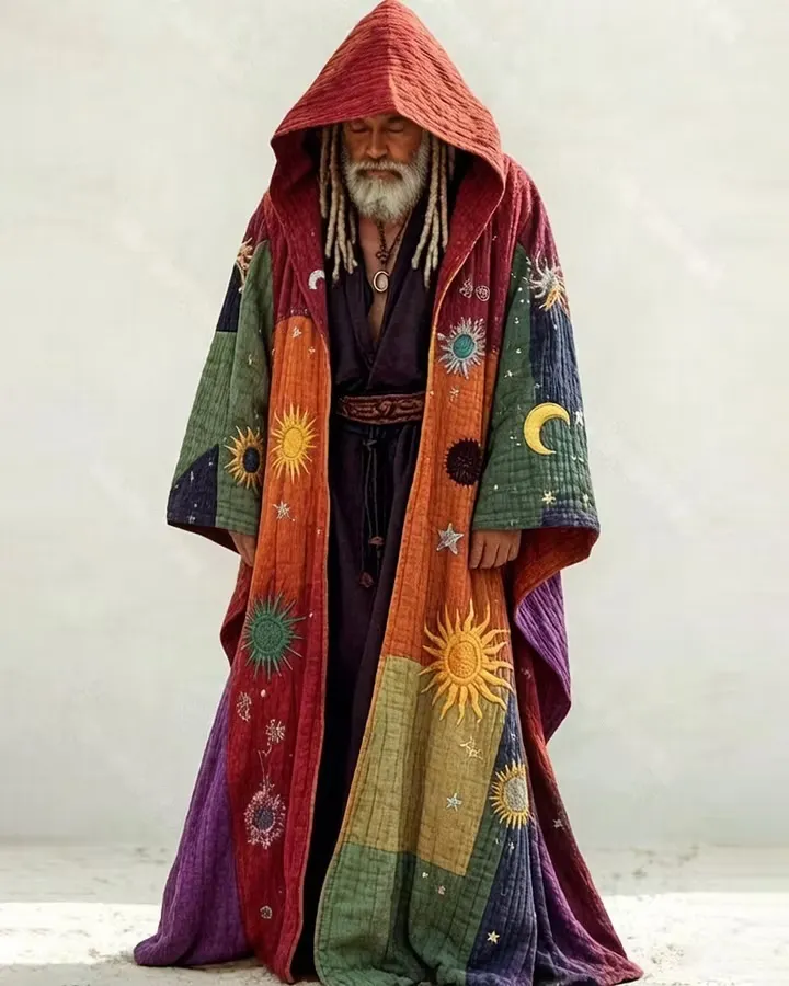 Men's Summer Fashion Hippie Style Star and Moon Embroidered Linen Cardigan Hooded Cape  8444