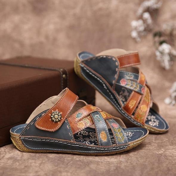 women retro leather painted embossed floral soft footbed orthopedic shoes