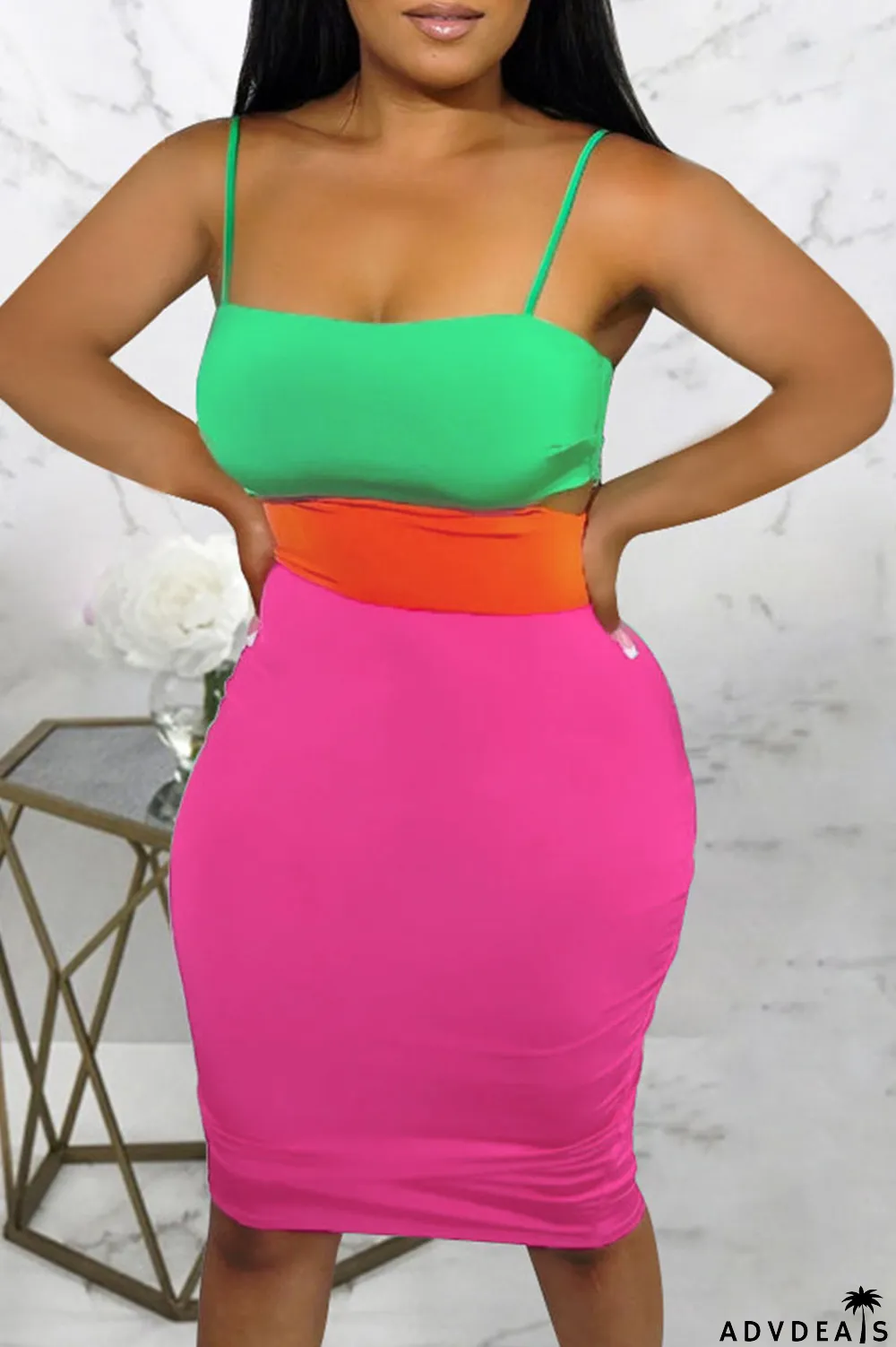 Rose Red Sexy Solid Hollowed Out Split Joint Spaghetti Strap Pencil Skirt Dresses