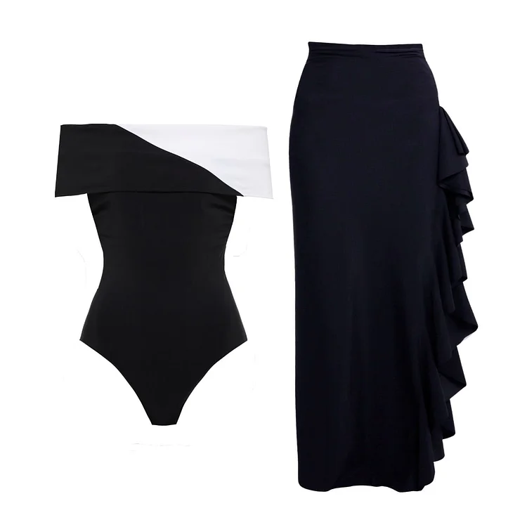 Off Shoulder Color Block One Piece Swimsuit and Skirt（Shipped on Feb 8th）