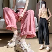 Ohanaparts Summer Women's Wide Leg Pants Thin High Waist Loose Ankle-Length Pants Solid Khaki Cool Capris Casual Harem Pants for Women
