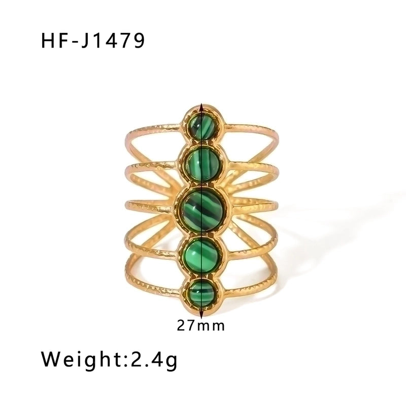 Stainless Steel 18K Gold Plated Basic Vintage Style Plating Inlay Round Natural Stone Open Rings