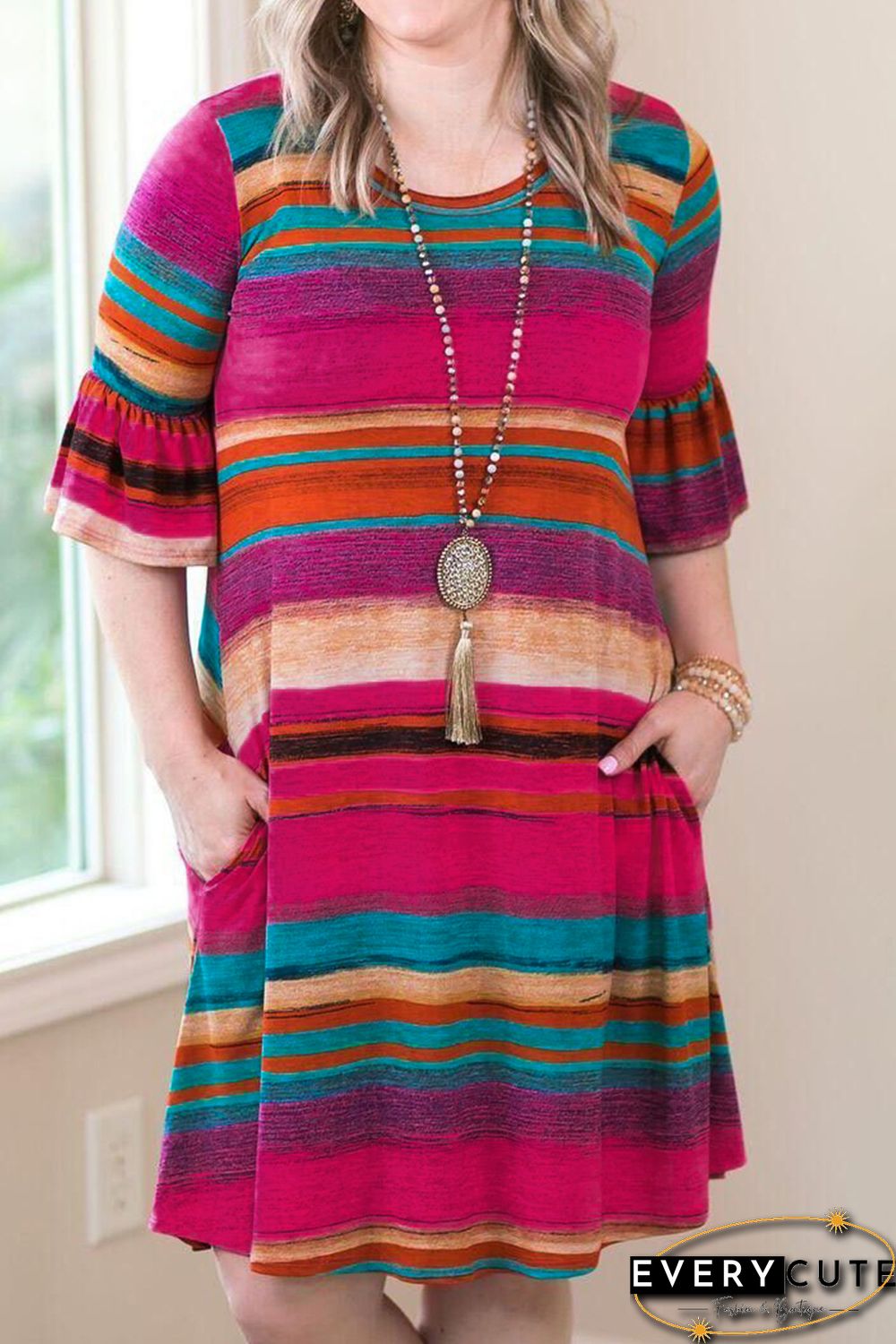 Multicolor Ruffled Sleeves Serape Print Plus Size Dress