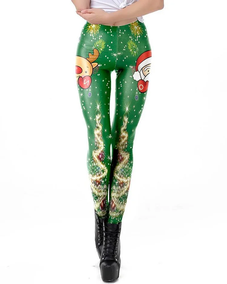 Mayoulove Funny Design Santa Claus And Rudolf On Fireworks Sky Printed Leggings-Mayoulove