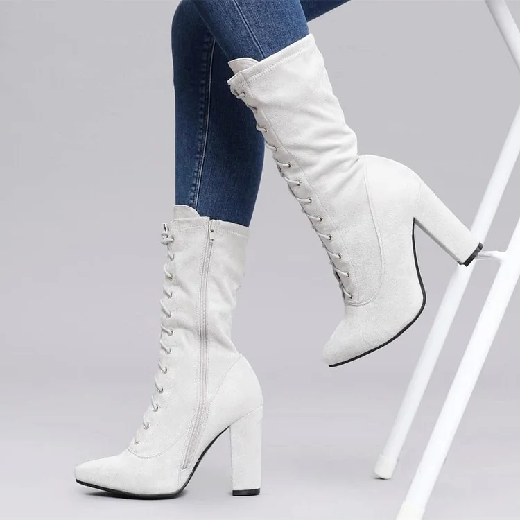 Vintage White Lace Up Boots Vegan Suede Chunky Heel Mid Calf Boots |FSJ Shoes