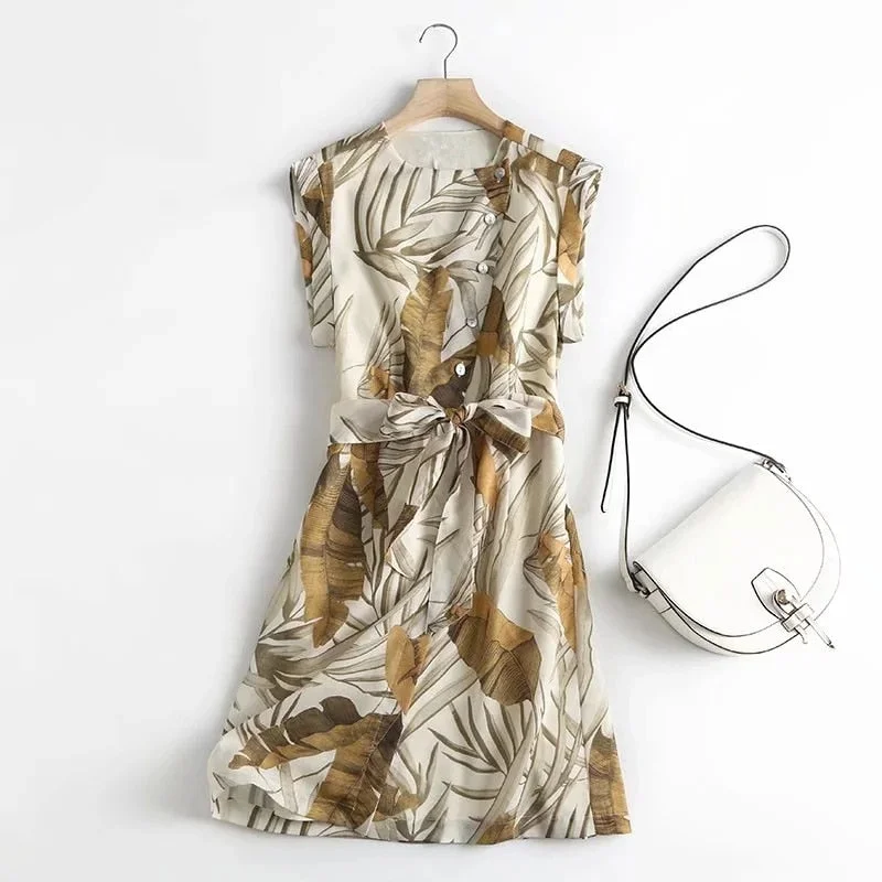 Christmas Gift Withered 2023 Summer Dress Women England Style Vintage Tropical Printing Linen Fashion Sashes Party Mini Dress Women Vestidos