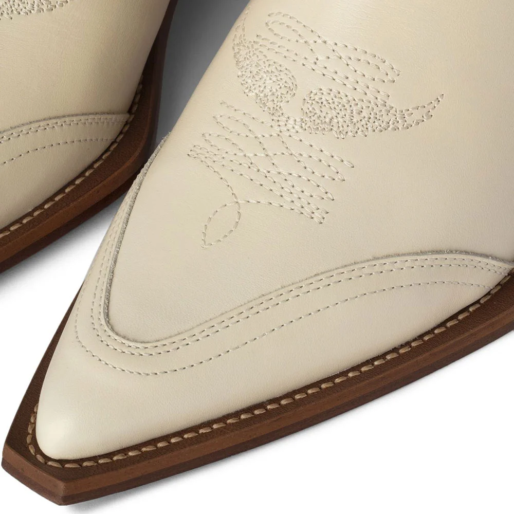 Ivory Vegan Leather Snip Toe Chunky Heel Mid Calf Cowgirl Boots
