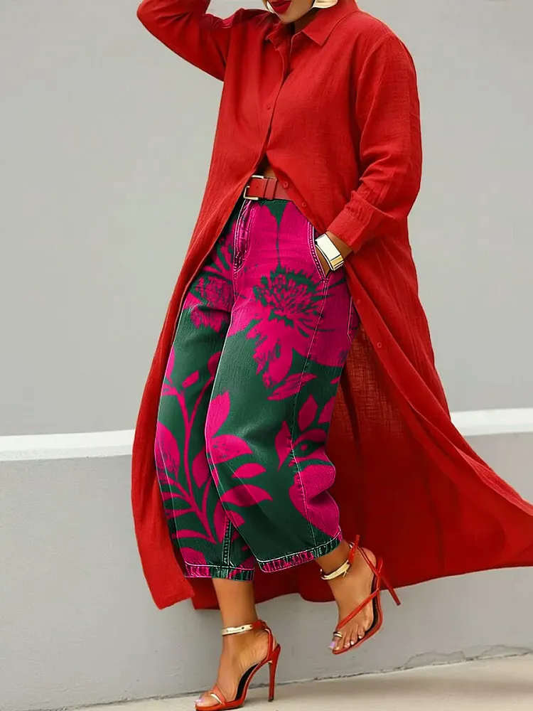 Women's Fashionable Florals Print Casual Loose Wide-leg Denim Pants