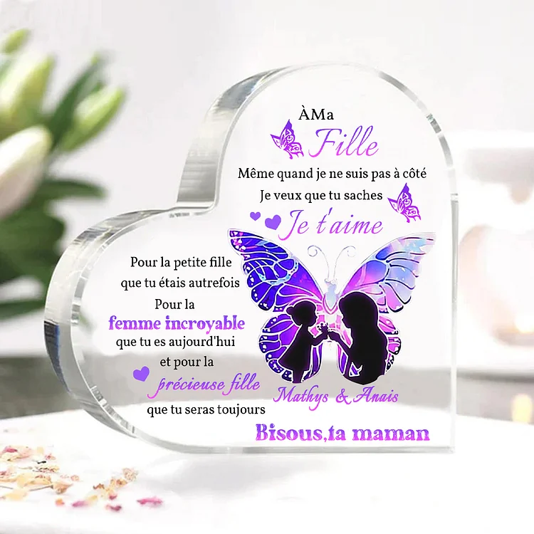 À ma Fille - Plaque Acrylique Papillon en Forme de Cœur 2 Prénoms Personnalisés Maman et Fille Jessemade FR