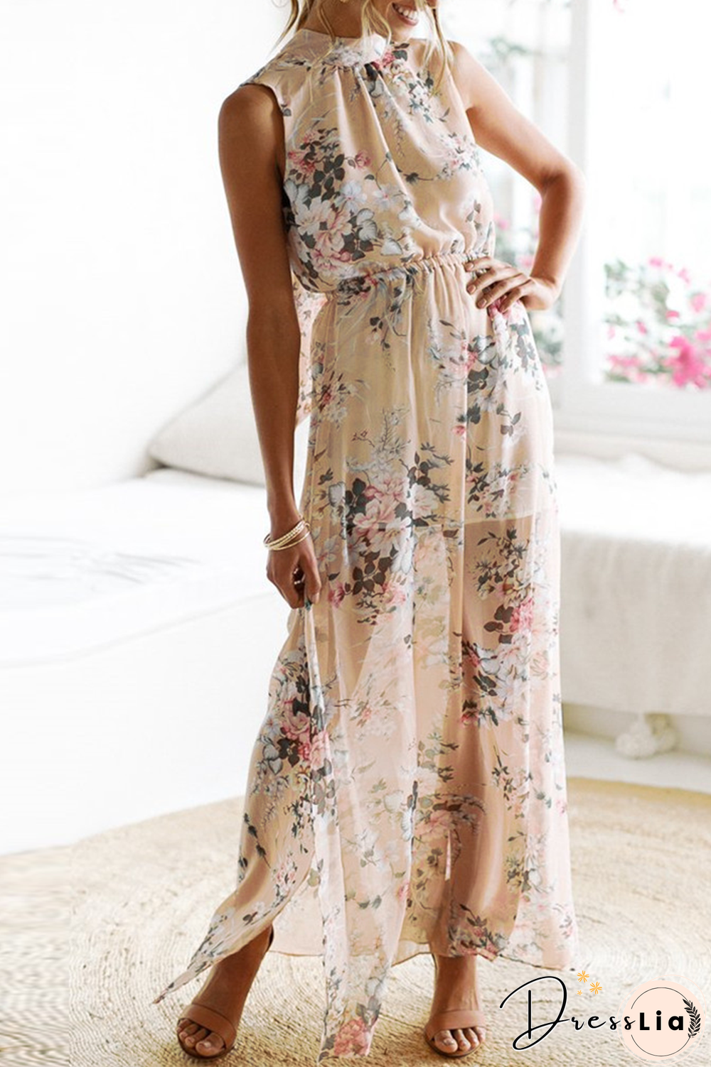 Casual Print Backless Mesh Halter Dresses