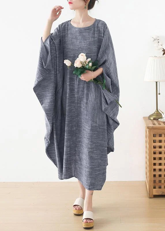 Unique Grey O-Neck Asymmetrical Design Party Summer Cotton Dress