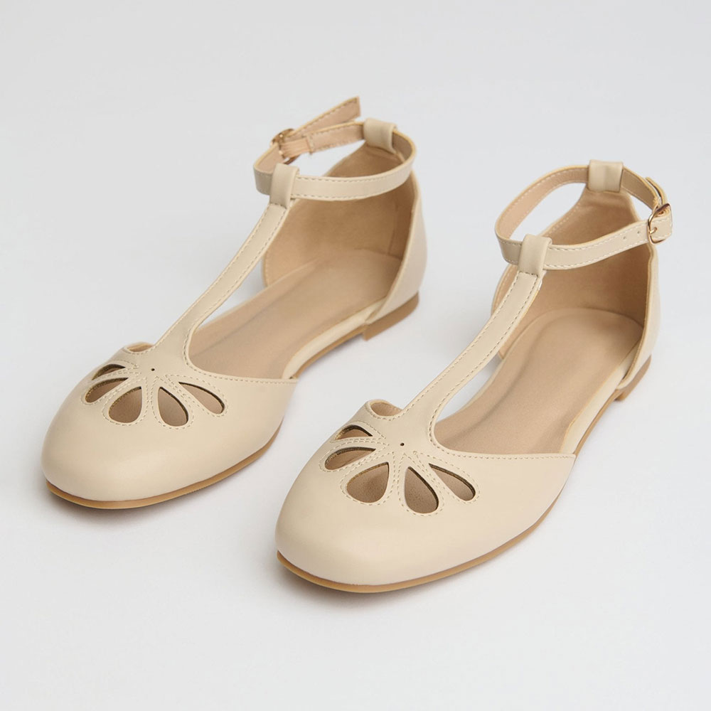 Faux Leather Round Toe Buckle T-Strap Beige Flat Shoes for Women Nicepairs