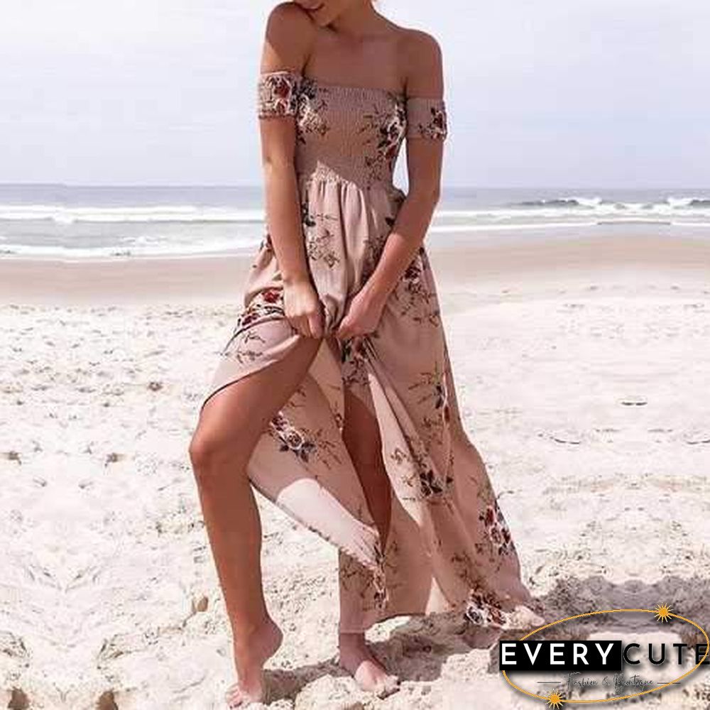 Off The Shoulder Maxi Slit Dress Boho Floral Prints