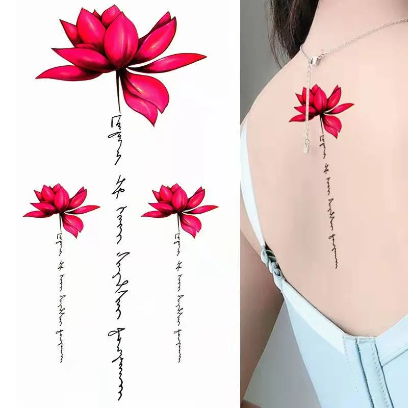 Black Lotus Totem Tattoo Stickers Waterproof Lasting Temporary Tattoo Sanskrit Art Fake Tattoo Back Arm Sexy Tattoos for Women