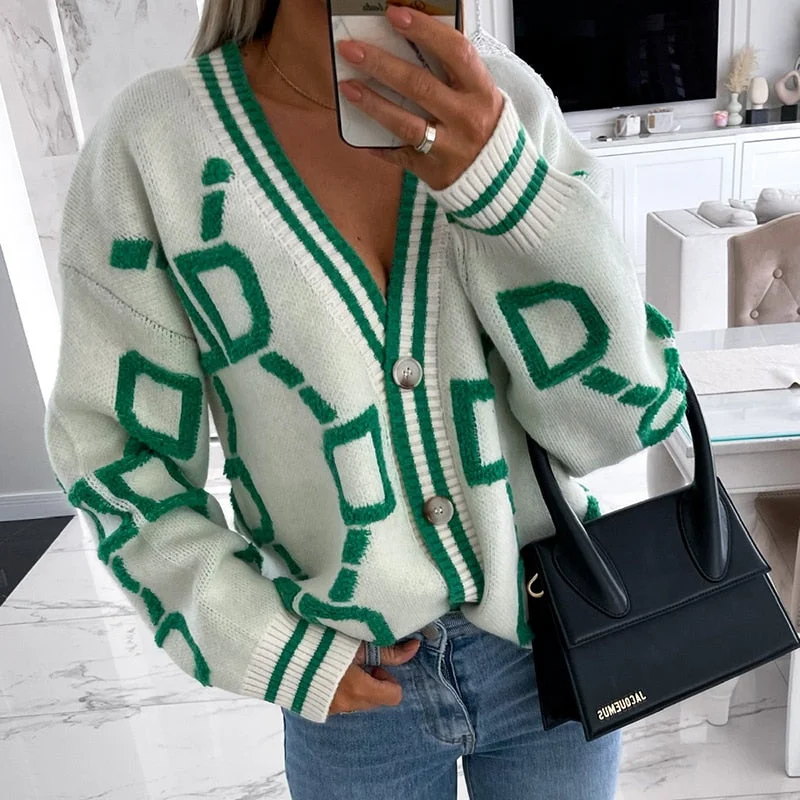Uforever21 Autumn Winter Knitted Cardigan Sweaters Women Coat 2022 Button Up Long Sleeve Vintage Print Oversized Casual Fashion Cardigans