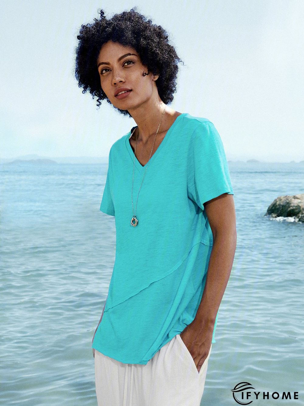 Blue Casual Cotton Solid V Neck T-shirt | IFYHOME