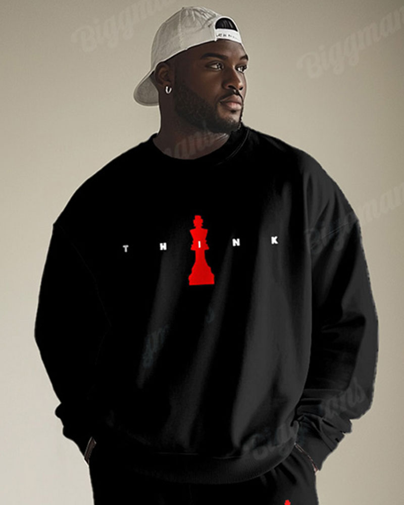 Men's Simple Black Think Letter Print Plus Size Round Neck Sweatshirt Suit