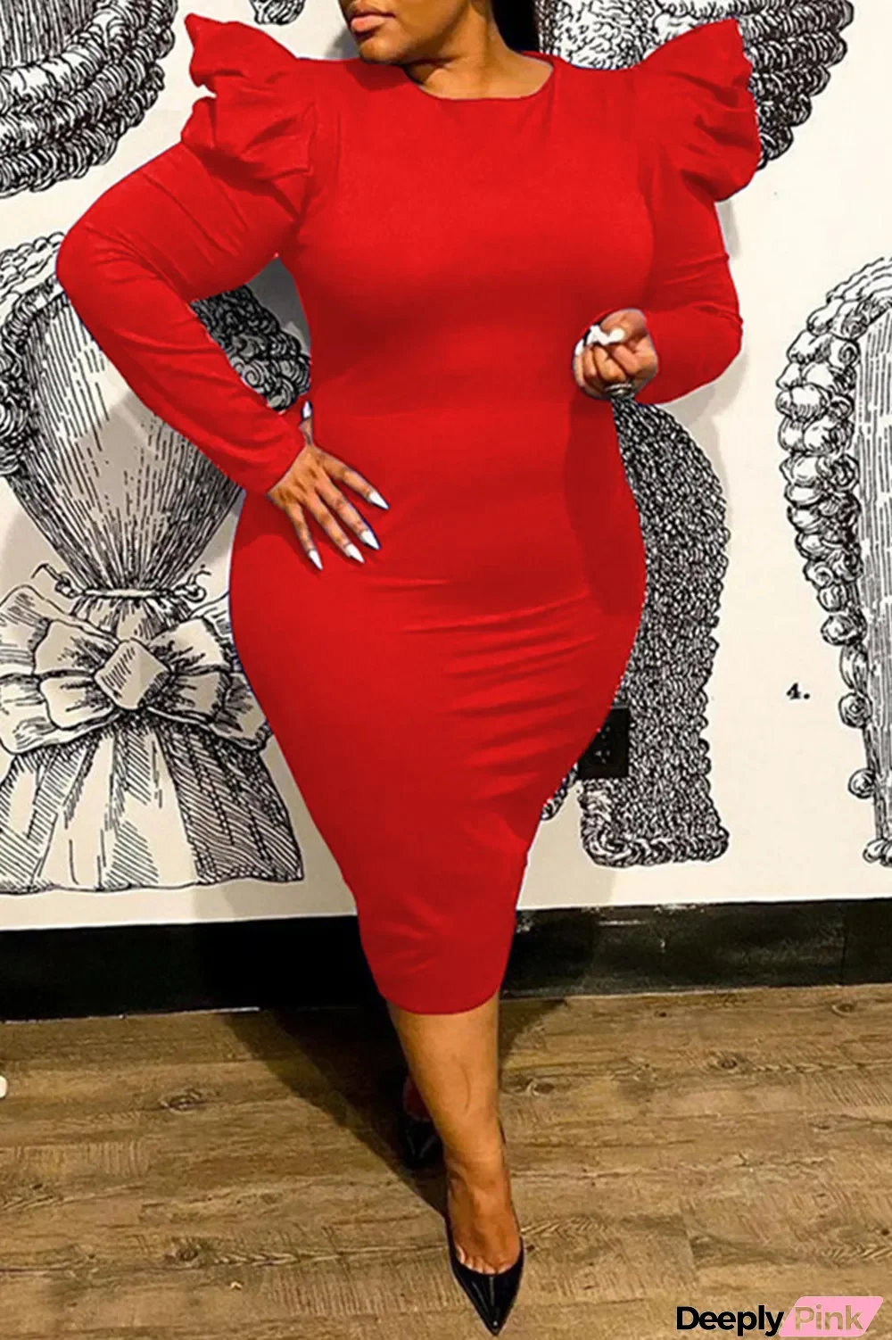 Red Fashion Casual Solid Basic O Neck Long Sleeve Plus Size Dresses