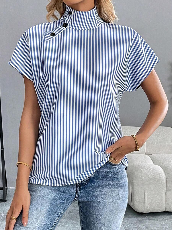Fashion Stand Neck Short Sleeve Hollow Button Casual Shirt
