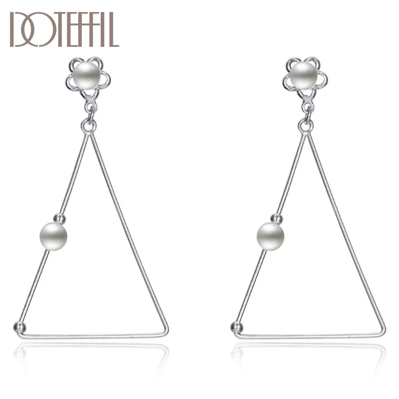 DOTEFFIL 925 Sterling Silver Pearl Triangle High Quality Earrings Women Jewelry 