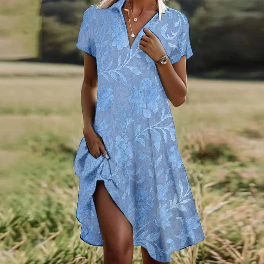 Women Half Sleeve V-neck Solid Color Dress