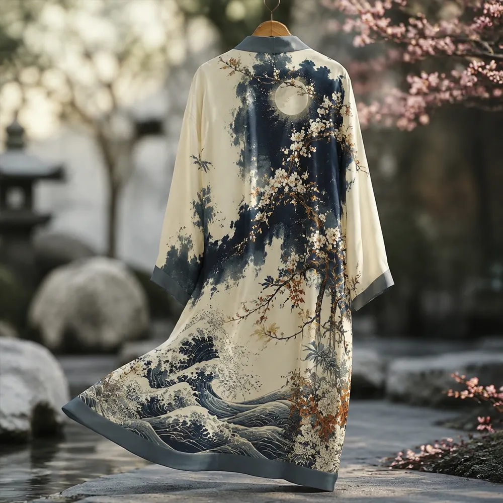 Men's Japanese Vintage Moon, Cherry Blossom & Waves Open-front Long Kimono Cardigan elevenforest