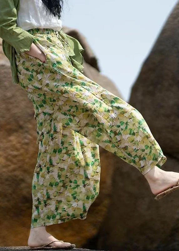 Loose Green Print Pockets Patchwork Cotton Wide Leg Pants Summer