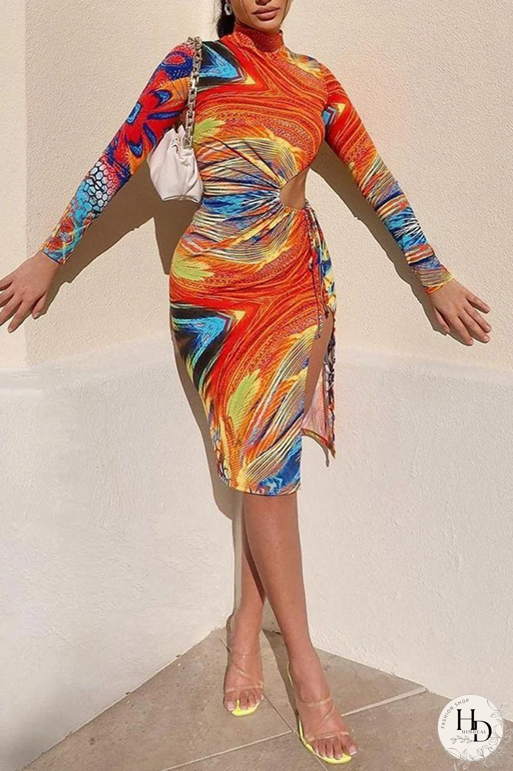 Tangerine Red Sexy Print Hollowed Out Half A Turtleneck Pencil Skirt Dresses