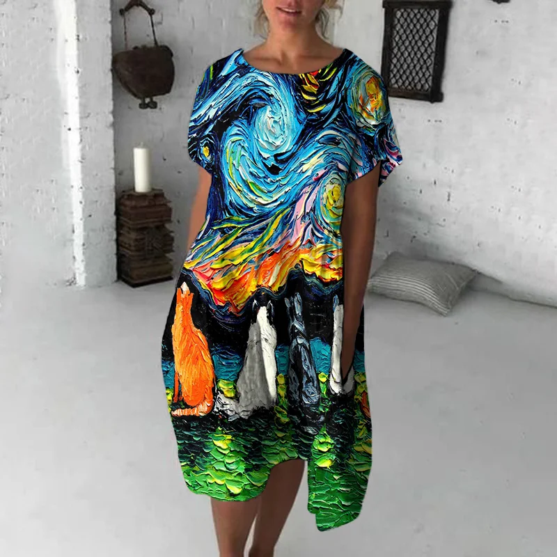 Crew Neck Cat Starry Oil Painting Midi Dress