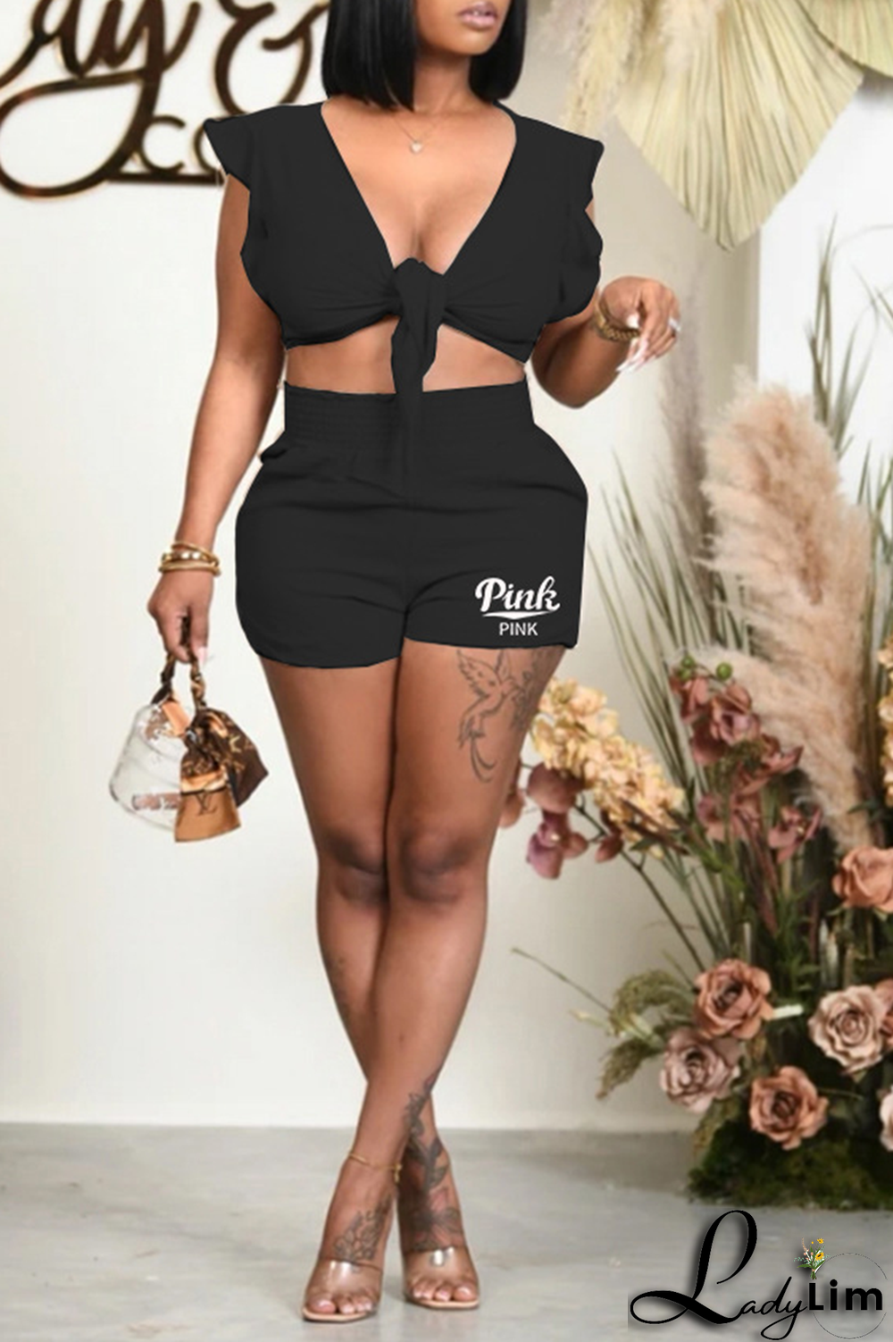 Purple Sexy Print Bandage V Neck Two Pieces