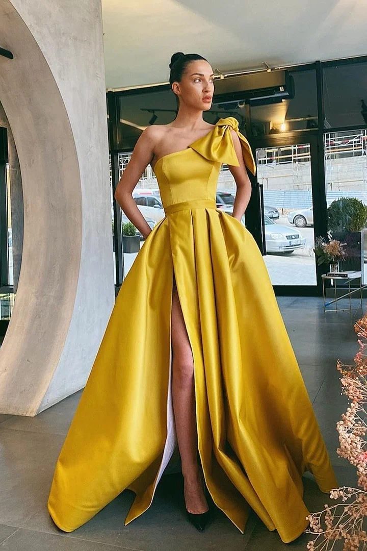 Gorgeous One Shoulder Yellow Evening Dress Split Long With Pockets - lulusllly