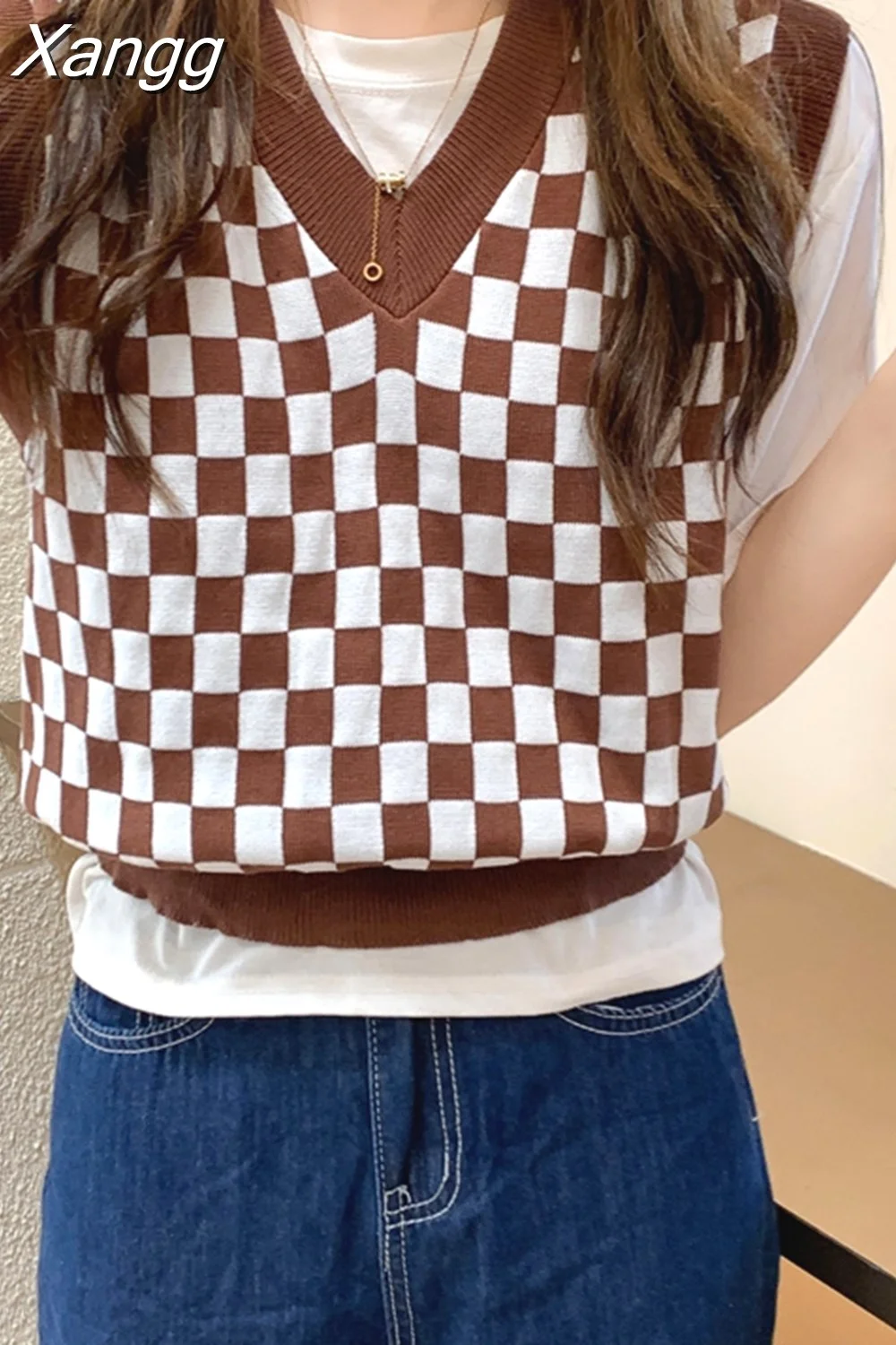 Punklens Autumn Women Plaid V Neck Sleeveless Vest Sweaters Fashion Ladies Slim Casual Knitted Top Girls Sweet Knitwear
