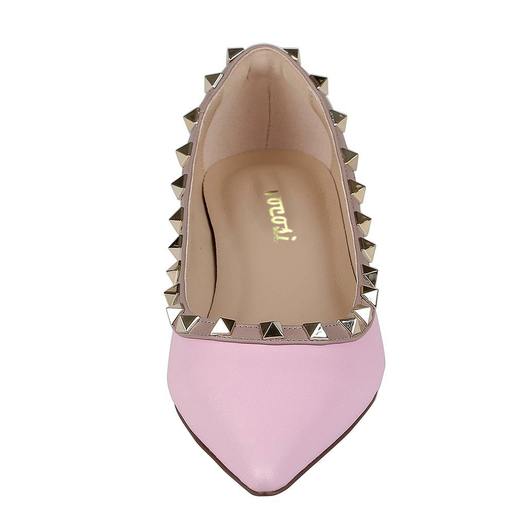 Pointed Toe Flats For Women Fashion Rivets Comfort Ballet Pink Matte Flats Shoes-vocosishoes