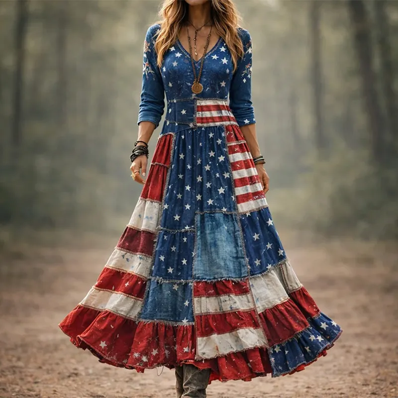  Women's Floral Independence Day Flag Art Print Dress Westsshops