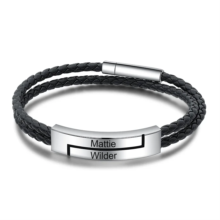 Custom Men Leather Bracelet Engraved 2 Names Wrap Bracelet for Him