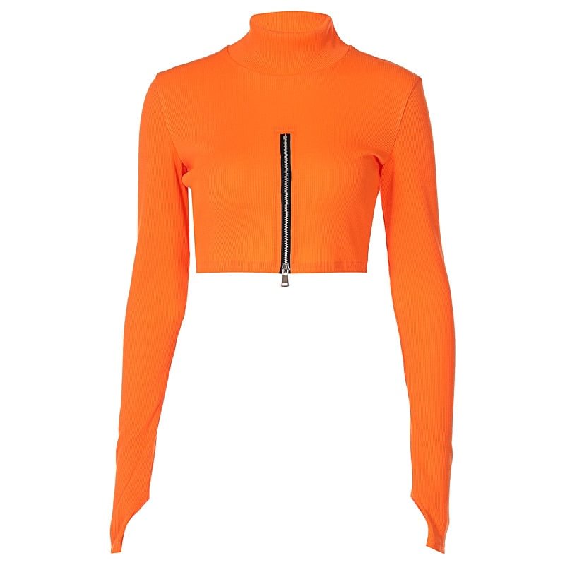 Weird Puss Zip Rib Turtleneck Crop Top Women Skinny Stretch Sporty T-Shirts Autumn Long Sleeve Outfit Hipster Workout Streetwear