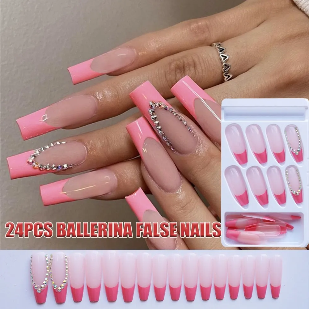 24pcs French False Nails Nude Bride Wedding Rhinestone Acrylic Ballerina Nail Decoration Art Full Tips Long Coffin Fake Nails-Nail Inspo
