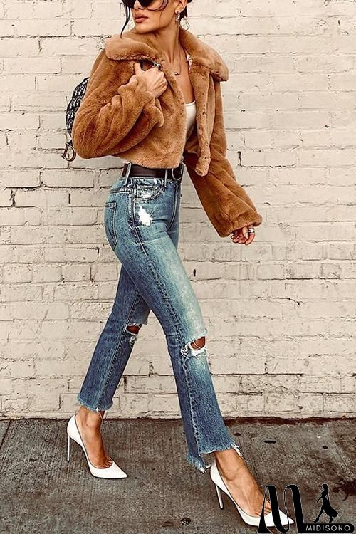 MidiSono - Turndown Collar Faux Fur Short Coat