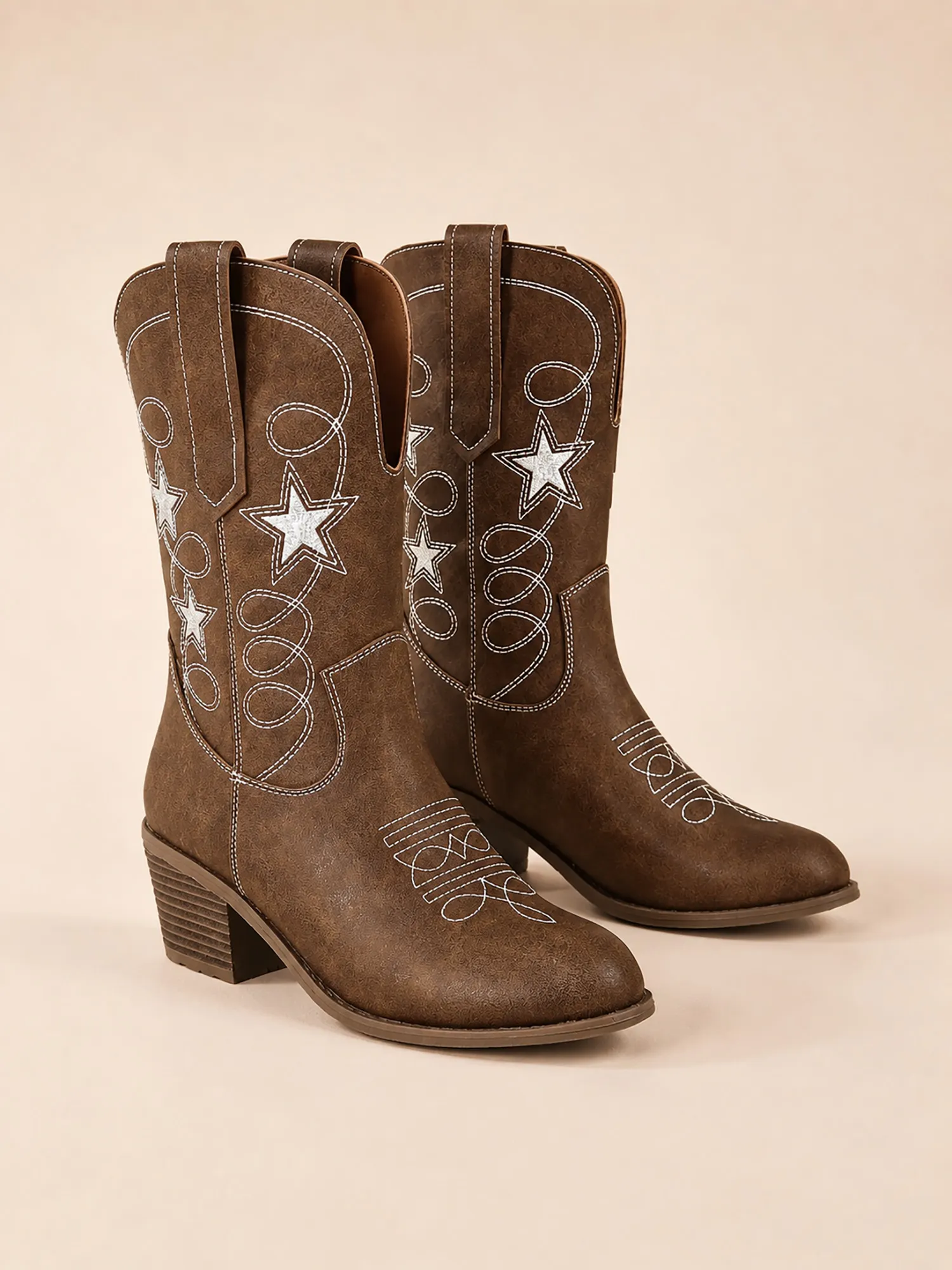 Star Embroidered Round Toe Chunky Heel Mid-Calf Western Cowboy Boots