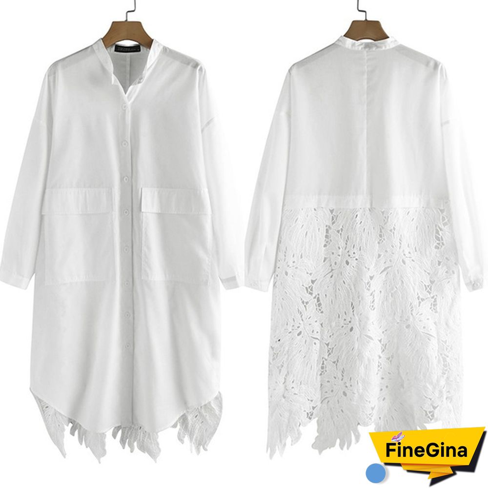 zanzea Womens Long Sleeve O Neck Lace Patchwork Shirt Casual Loose Top Blouse Dress