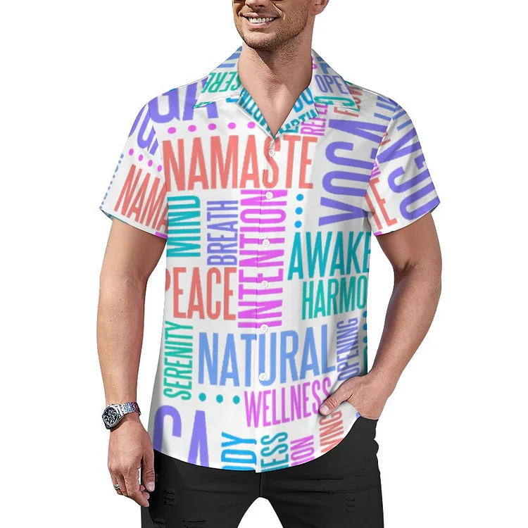 Yoga Positive Pink Blue Words Men's Retro Bowling Shirts Rockabilly Style Button Down Cuban Camp Shirt - Heather Prints Shirts