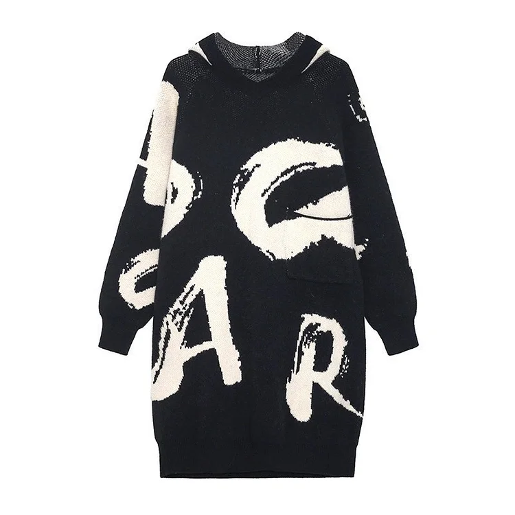 Fashion Loose Hooded Contrast Color Letter Printed Knitted Sweater Dress